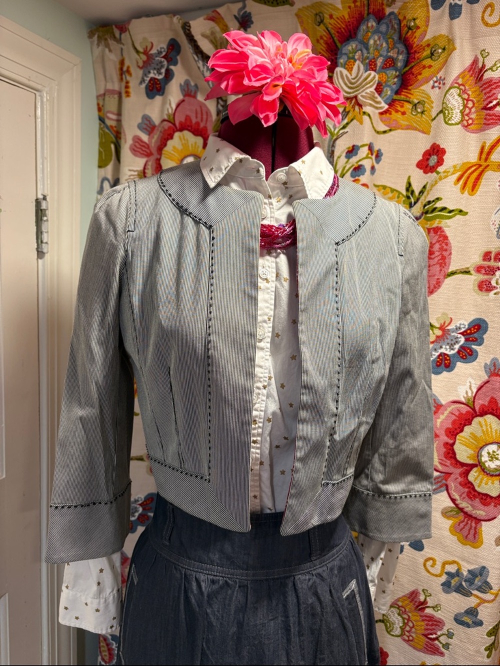 LOFT Blue Pinstripe Cropped Blazer